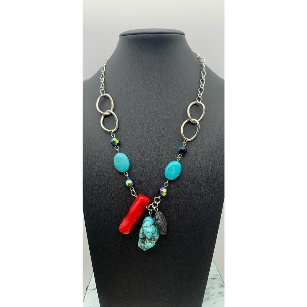 Silver Tone Necklace With Turquoise Coral & Lava Stone Charm Pendants